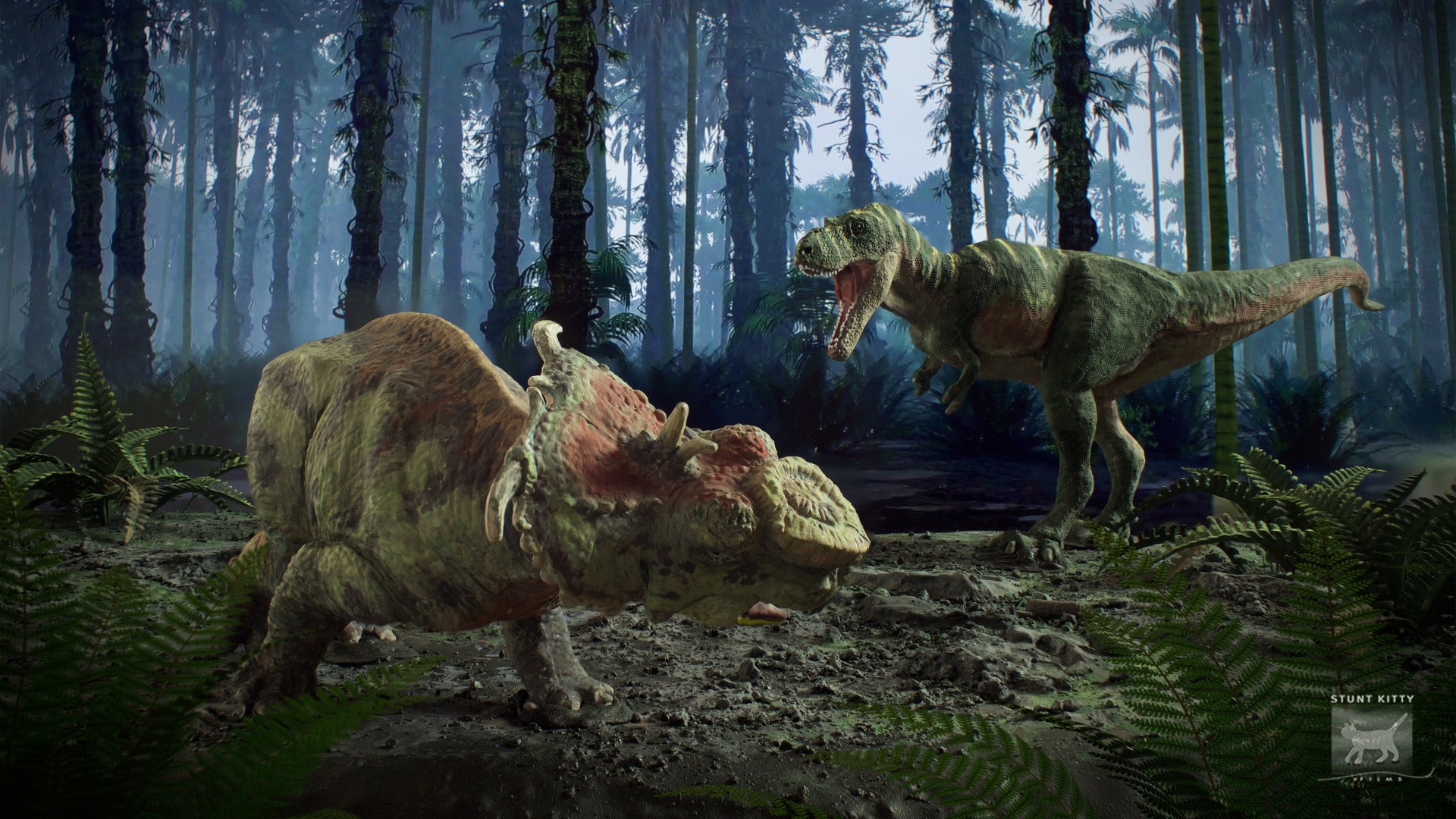 A Pachyrhinosaurus and an Albertosaurus in a Cretaceous forest