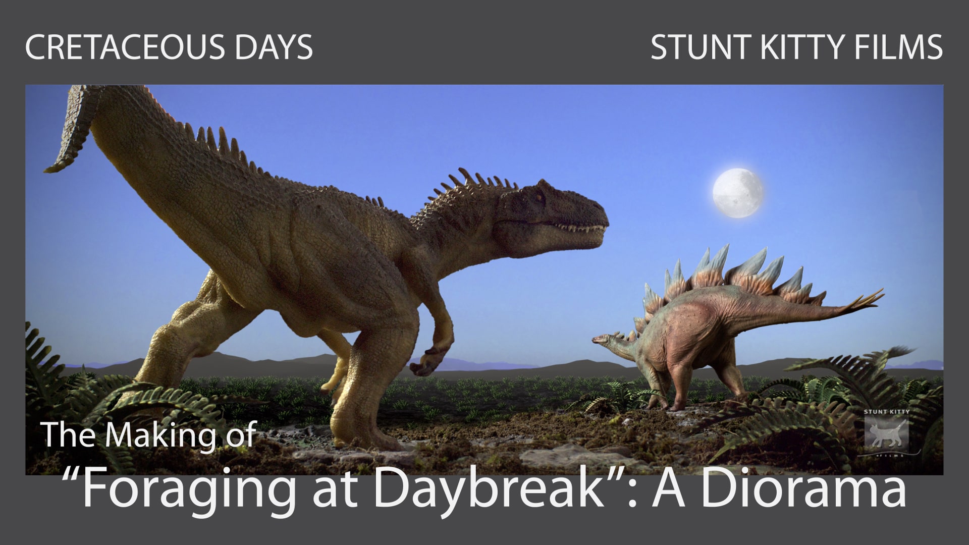 The Making of Foraging at Daybreak Diorama with an Allosaurus Eyeing a Stegosaurus Walking on a Fern Savannah