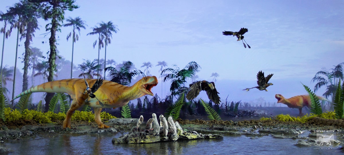 photo of an Majungasaurus chasing a flock of Falcatakely away from the carcass of a fallen giant.